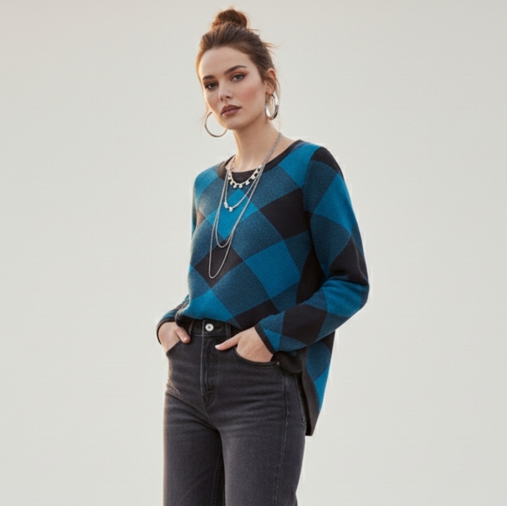 ALIA Petite Teal Blue & Black Argyle Knit Sweater PM/M Diamond Check